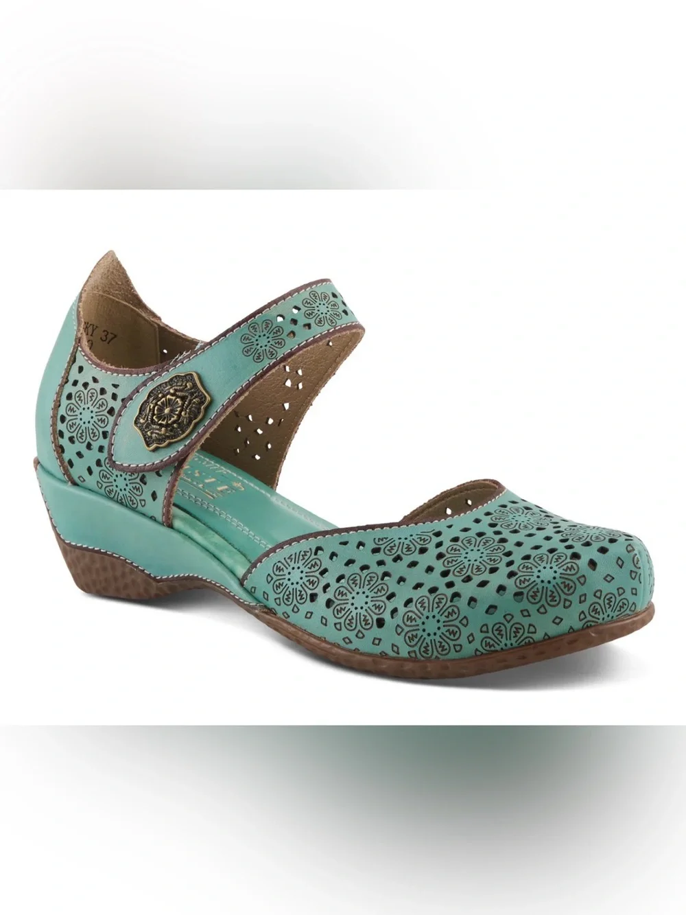 L'ATISTE Teal Perforated Leather Mary Jane Wedges